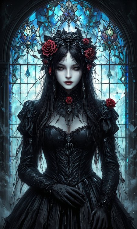 artwork depicting a gothic, ethereal figure with a dark, mysterious aura. The subject is a woman with pale skin and long, flowing black hair adorned with a large, intricate rose made of black and red fabric. She wears a dark, ornate dress with a high collar and intricate lacework, giving it a medieval or Victorian gothic style. Her eyes are downcast, and she gently holds a single red rose in her right hand, which is adorned with dark, long fingernails. 
The background is an arch-shaped stained-glass window, with blue and teal hues dominating, creating a mystical, otherworldly atmosphere. The stained glass is intricately designed with patterns of leaves, flowers, and geometric shapes, adding a sense of depth and texture to the scene. The light filtering through the window casts a soft glow on the woman, highlighting her delicate features and the details of her dress.
The overall style of the artwork is highly detailed and realistic, with a focus on gothic and fantasy elements. The use of light and shadow enhances the ethereal, almost ghostly quality of the figure., aidmaimageupgrader, aidmamj6.1,