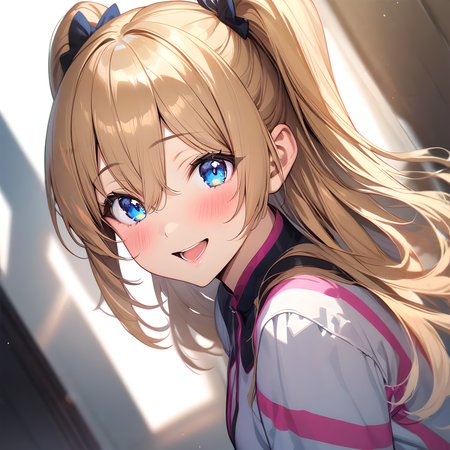 (masterpiece),(best quality),(ultra-detailed),(best illustration),(best shadow),(absurdres),(detailed background),(very aesthetic), amano_ririsa, 1girl, solo, open mouth, smile, looking at viewer, blonde hair, blush, long hair, chromatic aberration, two side up, white background, blue eyes, bangs, hair between eyes, upper body, <lora:XL-AmanoRirisa:1>