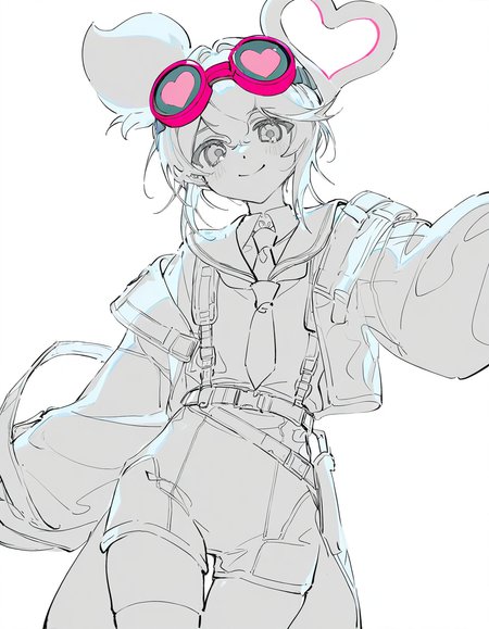 <lora:vsdr.soul-000012:1.2>,1girl,solo,white background,simple background,looking at viewer,cowboy shot,smile,vsdr.soul,goggles on head,necktie,alternate costume,sailor,heart hair ornament,, masterpiece, best quality, very aesthetic, absurdres,newest, incredibly absurdres,, artist:yoneyama mai, (artist:wanke:1.1), artist:mocha, (cotton:1.1), artist:date, (senpen:1.1), artist:ciloranko, artist:noyu, noyu23386566, (artist:sho:0.8264462809917354), (sho lwlw:0.9090909090909091), year 2023, (solo:1.3310000000000004), lineart, monochrome