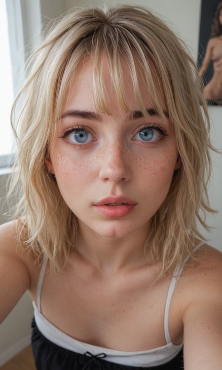 4k selfie with a surprised "o"-expression, deep focus, split-diopter lens. close-up, focus on her eyes. cluttered bedroom, posters on walls, ring lighting. long shaggy blonde (bangs between eyes, dark blue eyes, freckles, blush, natural lips, natural eyes, messy hair, black eyebrows, pierced eybrow) taking a selfie (iphone camera).. bent forward, mirror behind in distance, her back can be seen (reflection)