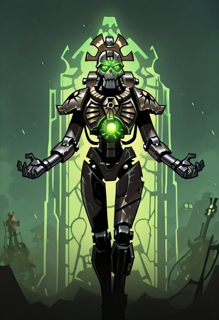 masterpiece, best quality, <break> , solo, 1other, (((necron))), (((glowing))), (((robot))), (((green eyes))), ((warhammer 40000))), 
 looking at viewer, standing, 
(((vanripper))), 
<lora:VanripperIllustriousXL_byKonan:1>