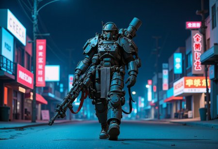 1man, A heavily armored warrior in futuristic black power armor stands confidently, wielding a massive gatling gun. The armor is bulky, with reinforced plating, large shoulder pads, and complex mechanical joints. The helmet has a visor and multiple metallic elements, giving the character a rugged, battle-hardened look. The gatling gun features a drum magazine, with visible wiring and mechanical components, emphasizing its powerful nature. The character exudes strength and resilience, with an imposing and intimidating stance, full shot, full body visible, ultra realistic, masterpiece, he walks in a deserted road, distant cyberpunk metropolis, night time, neon light lights the sky.