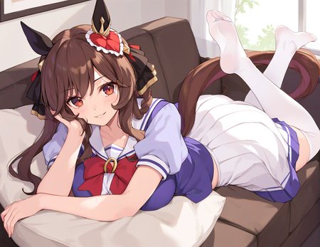 score_9, score_8_up, score_7_up, source_anime, 2D, anime BREAK
tracen_uniform, 1girl, solo, long hair, breasts, looking at viewer, smile, skirt, large breasts, brown hair, shirt, red eyes, thighhighs, animal ears, school uniform, tail, short sleeves, pleated skirt, lying, puffy sleeves, indoors, sailor collar, white thighhighs, puffy short sleeves, window, no shoes, white skirt, horse ears, on stomach, curtains, horse girl, couch, horse tail, purple shirt, tracen school uniform
<lora:gentildonna-ponyXL-000008:0.8>,