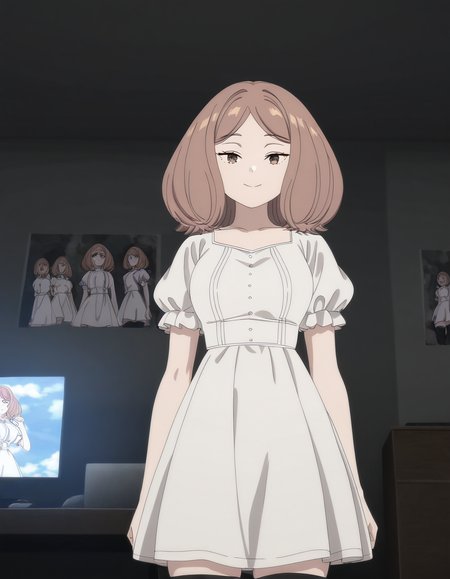 masterpiece, best quality, newest, absurdres, highres, safe,, <lora:mage-edel-s1-illustriousxl-lora-nochekaiser:1>, edel, brown hair, brown eyes, medium hair, medium breasts, anime screencap, thighhighs, dress, black thighhighs, white dress, short sleeves, puffy sleeves, puffy short sleeves, otaku room, posters, anime figures, computer, cluttered, , smile, looking at viewer, solo,, cowboy shot, solo