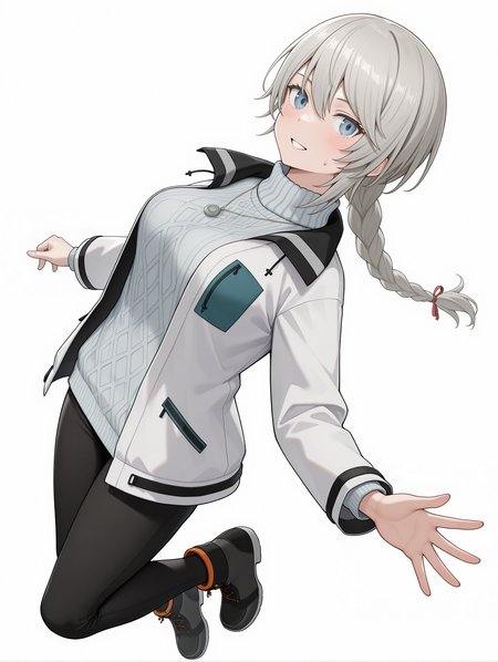 masterpiece,best quality,newest,
1girl,solo,
<lora:ADELAIDE_BLUTHAUSEN_ilxl_v1.0:1>,a_bluthausen,grey hair,blue eyes,braided ponytail,
s_nase,necklace,white jacket,long sleeves,turtleneck sweater,ribbed sweater,black pants,ankle boots,
<lora:Fixhands_anime_bdsqlsz_V1:1>,light_blush,cinematic_angle,looking_at_viewer,jumping,full body,parted lips,sweatdrop,white_background,simple_background,:d,dynamic_angle,