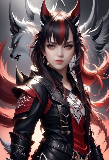 A horned female teen rogue wearing ((leather armor)), black suit, oni girl with wolf-ears, dangerous Kemonomimi waif, brunette assassin, tiefling thief, black hair, three small horns, [onii (Shuna, Hakurou) horns], tri-horn (masterpiece:1.5), (best quality), (disharmonic + ugly + unaesthetic:1.5)