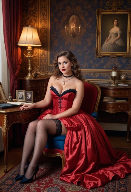 (medium full shot) of (provocative harlot) young woman, french, tan skin, dark Blue eyes, curvy build, medium hazel wavy down hair, wearing a crimson ball gown, fishnet stockings, satin shoes, pearl necklace, red lips, lace choker, set in the 18th century, in  boudoir, elegant room with a chaise lounge, a small writing desk with a quill and ink bottle, candles flickering on the walls, richly textured wallpaper, a plush rug underfoot, woman smiling, Masterpiece,best quality, photo, realistic, very aesthetic, detailed face,