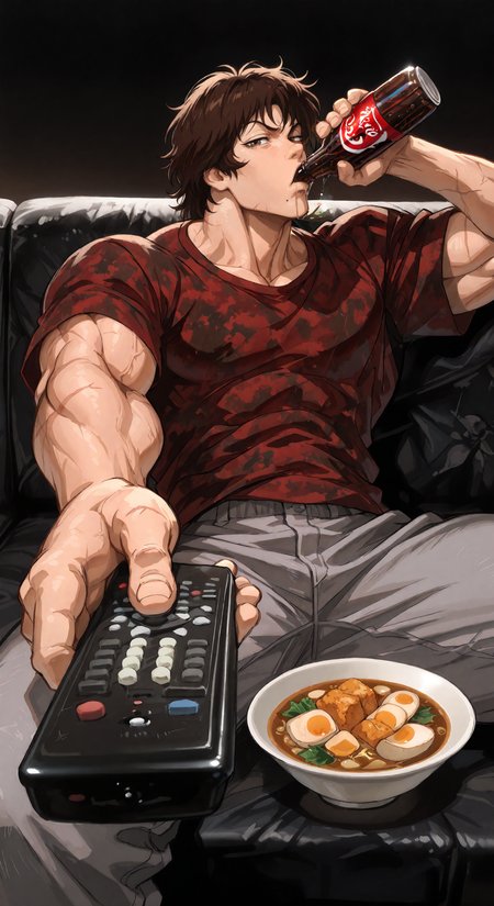 masterpiece, best quality,newest, amazing_quality,black_background, gradient background, <lora:spo_sdxl_10ep_4k-data_lora_webui:1><lora:NOOB_vp1_detailer_by_volnovik_v1:1>1boy, solo, Baki_Hanma, male focus, full body, red shirt, grey pants, camouflage shirt, brown hair, veins, manly,((very muscular, very toned, muscular male:1.2)),mole above mouth,scars, <lora:Char-Baki_Hanma-Illustrious-000010:.8>sitting, holding bottle, coca-cola,holding remote control, controller, on couch, drinking, looking at viewer, food,miso soup, bowl_on_lap, soup bowl,<lora:ManWatchingTVMeme_illusXLNoobAI_Incrs_v1:1>raised eyebrow,