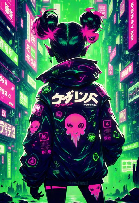 bo-cpposter,  cyberpunk aesthetic featuring a female character with vibrant neon hair styled in two buns, wearing a futuristic, oversized jacket adorned with glowing symbols and skull graphics. The background is a high-tech cityscape bathed in neon green and purple hues, reflecting a gritty urban atmosphere. The setting includes digital screens and graffiti, with patterns and text in an abstract, glitch-inspired style. Elements such as dripping neon lights and holographic interfaces enhance the futuristic vibe, creating a hyperrealistic impression. , <lora:Flux\boFLUX Cyberpunk Poster.safetensors:1.4000000000000001:1.4000000000000001>