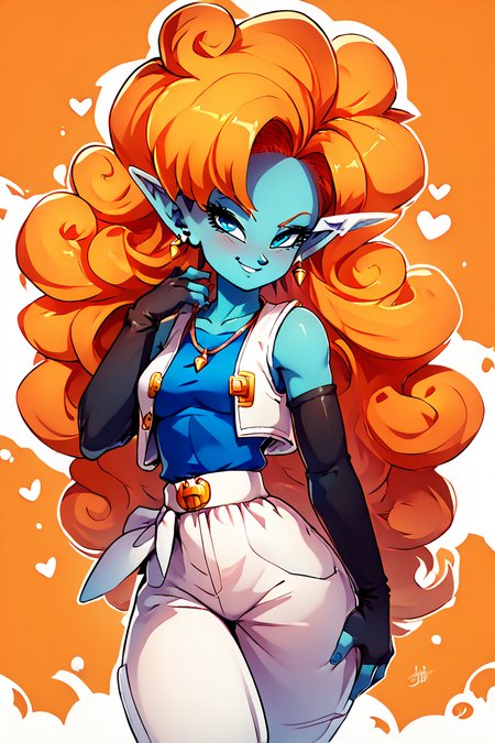 score_9, score_8_up, score_8, medium breasts, (curvy), cute, eyelashes,       BREAK, ,  zZangya, blue eyes, blue skin, pointy ears, orange hair, curly hair, long hair, big hair,  jewelry, necklace, detached sleeves, bare shoulders, vest, gloves, white baggy pants, <lora:Zangya_Dragonball_PDXL:0.8>, , BREAK, smile, looking at viewer, ,,, abstract background, white outline, cowboy shot, ,,, embedding:zPDXL, Expressiveh, ,,, <lora:theOtherHalfPDXL:0.8>, <lora:CatalystStylePDXL:0.6>, <lora:SDXLFaeTastic2400:0.5>, <lora:Expressive_H-000001:0.4>,