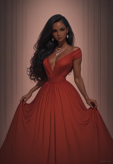 masterpiece, absurdres, best quality, Christmas Aesthetic, 1girl, dress, solo, black hair, jewelry, earrings, dark skin, dark-skinned female, red dress, gown, long hair, necklace