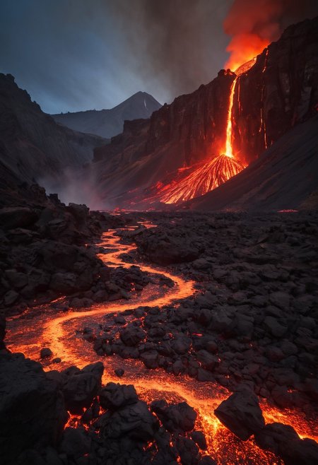 In the heart of a volcanic landscape, our fearless explorer finds themselves amidst a scene of impending chaos. Molten lava cascades down the mountainside, casting an ominous red glow across the rocky terrain. With smoke and ash billowing into the sky, the adventurer races against time, navigating treacherous paths strewn with debris as fiery explosions erupt around them, painting the scene with bursts of intense heat and light. 
many details, extreme detailed, full of details,
Wide range of colors.
Many details everywhere.  soft shadows. Low saturation colors. Insane quality. Insane resolution. Insane details. Masterpiece. 32k resolution.
Dramatic,Dynamic,Cinematic,Sharp details
 <lora:add-detail-xl:1>