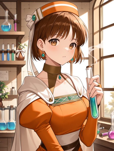 masterpiece,best quality,newest,
1girl,solo,
<lora:Elfir_Traum_ilxl_v1.2:1>,e_hat,elfir_traum,short hair,brown hair,brown eyes,e_clothes,bridal gauntlets,
<lora:Fixhands_anime_bdsqlsz_V1:1>,looking_at_viewer,face_focus,fantasy,indoor,test tube,flask,smoke,window_,scenery,contempt,