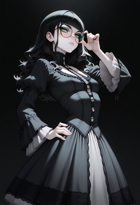 high_quality, highres, detailed, masterpiece, best quality, absurdres,Claudia, ClaudiaRH,  long black hair, wavy hair, blunt bangs, green eyes, big squared eyeglasses, small breasts, slim, pale skin, freckles, wearing Jedgthd, gothic dress, black lace , high neck, long ruffled sleeves, silver buttons, black background,,  model_pose_one_hand_on_hip,