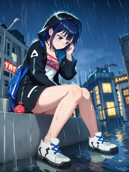 score_9, score_8_up, score_7_up, source_anime, BREAK
1girl, solo, <lora:TokyoStories_Suzu_Pony_v1:1>, (tokyo city streets, dark, night sky:1.5), (blue hue, blue tone mapping:1.5), (rainy, heavy rain:2.5), short hair, bangs, blue hair, blue eyes, white shirt, closed black jacket, black zipper, (blue backpack:1.1), backpack keychain, (red keychain:1.3), (hood up:1.4), white sneakers, bare legs, parted lips, (sitting, docks, ocean, stormy seas:1.5), (windy, floating hair:1.4), (melancholic:1.5), (clothes writing:1.5), (looking down, dutch angle, wet, shiny skin, drenched, squinting, pain, agony:1.5), (wiping tears, wavy mouth, clenched teeth, sad, crying:1.5), (from side:1.5), (adjusting hair:1.2), (full body:1.5),