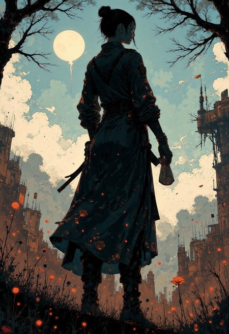 Picture a wraith-like maiden, her form scarcely more substantial than the chill October breeze that rustles the withered leaves carpeting the blood-drenched battlefield. Grasped in her spectral fingers, a longsword of antique provenance, its blade marred by numerous nicks and chips accumulated over decades of service. The weapon pulses with an eldritch aura, casting eerie reflections across the pallid planes of her cadaverous cheeks.
Fixated directly ahead, her piercing gaze transfixes an invisible foe, boring holes into the very essence of her target. Flames leap and dance in the hollow recesses of her ocular cavities, twin hellfires fueled by righteous wrath and vengeful ire. Tendrils of ectoplasmic mist curl around her wrists, binding the tattered remnants of a once-proud suit of plate mail to her emaciated forearms.
Behind her, the chaotic jumble of the battlefield comes into focus, a churning sea of violence and death. Prostrate forms clad in motley liveries stretch out across the frostbitten earth, some still twitching spasmodically in the final throes of agony.
art by Aaron Horkey,
animals, comics, creatures, etching, fantasy, graphic-novel, illustration, organic, pen-and-ink,
beautiful, painterly, detailed, textural, artistic, aesthetic, intricate details, highly detailed, vivid, vibrant, 
EtherealGlow, glowing, ethereal