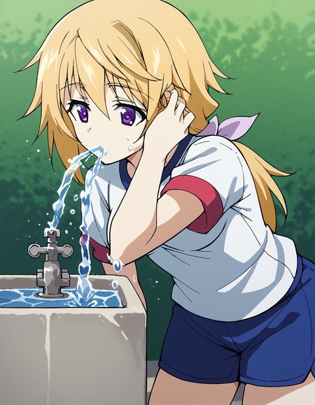 score_9, score_8_up, score_7_up, source_anime, <lora:charlotte-dunois-s2-ponyxl-lora-nochekaiser:1>, charlotte dunois, long hair, blonde hair, ribbon, purple eyes, ponytail, hair ribbon, medium breasts,, <lora:drinking-fountain-ponyxl-lora-nochekaiser:1>, drinking fountain, faucet, drinking, fountain, water, water drop,, gym uniform, gym shirt, gym shorts, bent, leaning forward, <lora:tucking-hair-ponyxl-lora-nochekaiser:1>, tucking hair, adjusting hair, hand on own hair, hair behind ear,, cowboy shot,