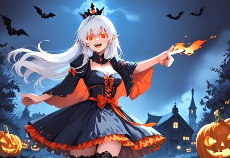 (masterpiece), (score_9, score_8_up, score_7_up,source_anime), 4K8K, 
(from front), misty, steam, fog, Floating Halloween pumpkins, 
halloween, halloween fantasy, 
Japanese cute woman, (solo), (white sikin:1.3),  vampirequeen, (finger gun, pointing at viewer:1.4), burning pumpkin, (dark aura:1.4), (smirk, half-opened mouth, Canine, tooth, fang1.2), 
(medium figure:0.9), (pointy breasts:1.1), 
(white hair, verry long hair), (red glowing eyes, slanted eyes:1.2), 
(wearing vampire cos, dress, makeup, red and black dress, zettai ryouiki, thighhighs:1.2), 
(BloforMB, red theme, scenery at dark night:1.3), elf ears,