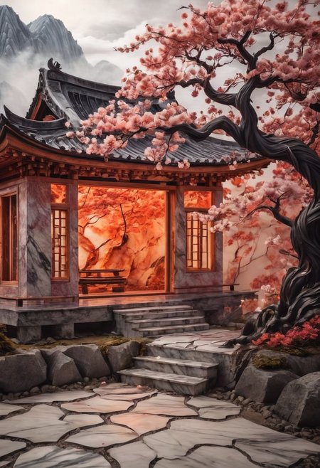 An asian House made of fire and marble, asian sakura landscape in the background, SimpleNegativeV3,zavy-chnsdrgn, masterpiece, award winning, very detailed, porcellana style