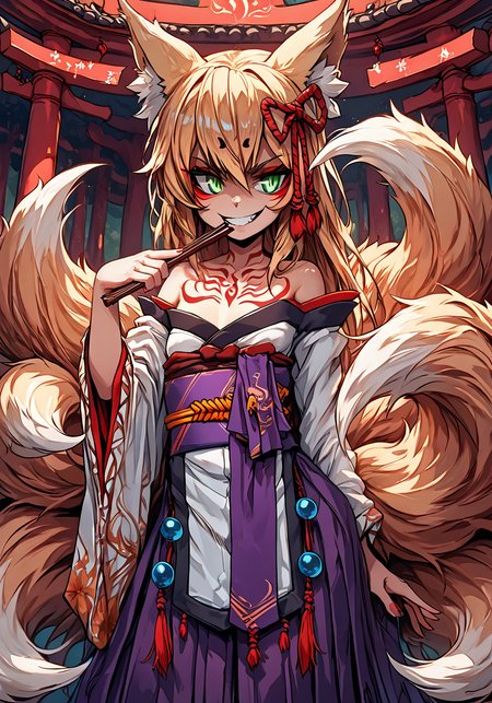 PonyScores7, masterpiece,8k,uncensored,(highres:1.3),high resolution, unity 8k wallpaper, detailed face, detailed CG, (perfect hands, perfect anatomy), (high quality, best quality) (curvy:1.2)(shiny skin:1.2) (oily skin:1.2),detailed hand,wide hips,torii, shrine,japanese temple, from below,looking ahead,smug.((looking at viewer:1.2)).glowing eyes,(clothes female),evil grin, happy,glaring, <lora:Tamamo:0.8> little girl. small breasts, Tamamo, blonde hair, hair ribbon, long hair, kitsune, green eyes, fox ears, (fox tail), (red eyeliner), monster girl, slit pupils, multiple tails, red tattoo on chest, kimono, sash,dynamic pose, holding fan, (( fan over face)), hand on side,bent over, tail between breasts, <lora:zy_Detailed_Backgrounds_v1:1.5> <lora:StS_PonyXL_Detail_Slider_v1.4_iteration_3:2> <lora:Anime_Enhancer:1> <lora:Tamamo:0.8> <lora:fix_hands:2>