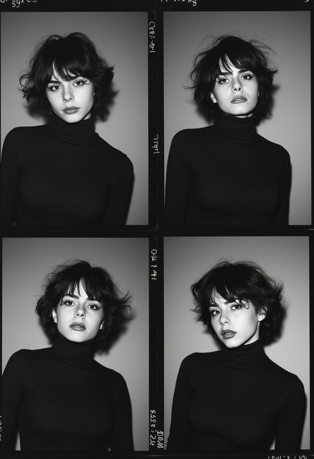 contact sheet with 4 images of a 20-year-old woman with a messy short bob cut wearing a black turtleneck