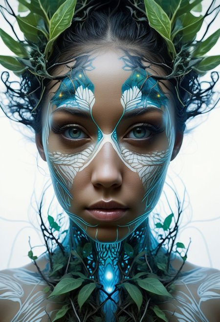 bioluminescent, mysterious face of an exotic girl in plant clothing, fading white background, alluring goddess, by Minjae Lee, Carne Griffiths, Emily Kell, Steve McCurry, Geoffroy Thoorens, Aaron Horkey, Jordan Grimmer, Greg Rutkowski, amazing depth, double exposure, surreal, geometric patterns, intricately detailed, bokeh,  perfect balanced, deep fine borders, artistic photorealism , smooth,  great masterwork by Suiras  <lora:add-detail-xl:2>  <lora:Double_Exposure:0.5>