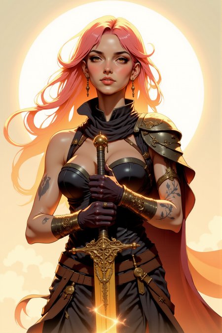 <lora:FANCHA_v.4:0.99> Fancha style.   A confident female warrior stands bathed in soft, golden light, her long, flowing hair blending seamlessly into hues of warm pink and fiery orange, as though kissed by the setting sun. Her attire is a harmonious mix of intricate armor and natural embellishmentsâdelicate, leaf-like motifs wrap around her arms and shoulders, interwoven with glowing, vine-like patterns that pulse faintly with energy. Her weapon, an ornate sword with filigree detailing, appears to channel an otherworldly energy, with its blade radiating faint sparks of light. Tattoos etched across her skin tell the story of her celestial origins, and her piercing gaze conveys both strength and compassion. The background is a glowing white void, creating a dreamlike aura that enhances her ethereal presence.