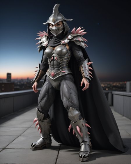 cinematic, (on a city rooftop, at night, bokeh, realistic lighting, ray tracing, bloom), ((full body shot)), ((as a female :1.8)), a highres RAW photo of a TMNTSuperShredder 1woman armored samurai knight, with serrated claw spike pauldrons and serrated claw gauntlets and serrated claw armored boots and serrated metal samurai helmet with mask, long black cape, <lora:TMNTSuperShredder_SDXL:0.5>, ((slender, athletic, slim, nude, naked, nsfw, soft breasts, natural breasts, showing pussy, pussy :1.8, vagina, beautiful pussy)), atmospheric, ((photorealism, photorealistic:1.4)), 8k, highly detailed, intricate detail