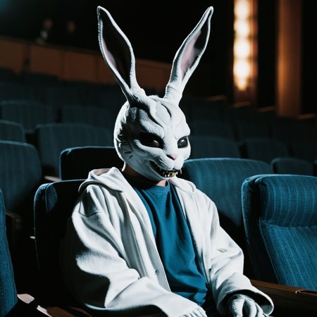 <lora:add-detail-xl:1>
<lora:detailed:0.3>
<lora:perfection style:0.3>
<lora:xl_more_art-full_v1:0.3>
 <lora:Donnie Darko film style:1>
a rabbit in a costume standing in a theater,solo,looking at viewer,1boy,upper body,male focus,horns,teeth,no humans,couch,monster,antlers,white eyes,alien,horror (theme) , cinematic, film, Donnie Darko film style