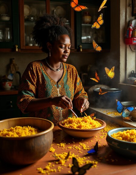 A photograph of an African woman, 32 years old, expertly preparing traditional Ghanaian jollof rice for her family gathering in Accra, as the kitchen is slowly being consumed by a swarm of iridescent butterflies that leave trails of glittering confetti behind them., <lora:amateurphoto-v5-14-15-1-1:0.4> <lora:Another_Amateur_Lora:0.4> <lora:Phlux:0.4> <lora:UltraRealistic_Lora_Project:0.4>