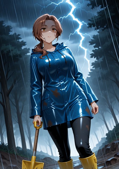 masterpiece, best quality, absurdres, perfect lighting,shiny skin,1girl,large breasts,kawashima mizuki,brown hair,long hair,parted bangs,brown eyes, <lora:kawashima_mizuki_illu2:0.9>,raincoat,black pants,hood, forest,dark,rain,thunder, lightning,shovel,digging, cowboy shot, dirty face, dirty clothes, dirty, rubber boots,empty eyes, dutch angle, expressionless, yandere, shaded face,