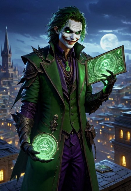 PEJoker, high quality, HD, full body, dramatic lighting, cinematic composition, detailed, dark green glowing rune costume,  intense eyes, wide smile, concept art, trending on ArtStation, (dark, evening, (vignette))), holding a dark violet glowing rune card, futuristic city, night, standing on a rooftop, moon in the sky, unfocused background
