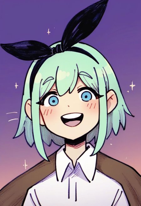 score_9, score_8_up, score_7_up, score_6_up, score_5_up, score_4_up, 
BREAK
1girl, solo, portrait, bangs, hairband, smile, teeth, blush, happy, green hair, short hair, blue eyes, open mouth, upper teeth, gradient background, looking at viewer, round teeth, eyebrows visible through hair, shirt, cape, collared shirt, black hairband