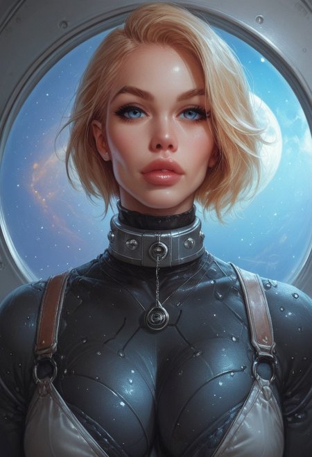 score_9, score_8_up, score_8_up, 1girl, robot, big natural tits, deep cleavage, steel collar, feminine, looking at viewer, in space ship , dramatic lighting, ((space ship window in the back looking at starts:1.5)), (front view:1.2)
by norman rockwell
((full-clothed)),
BREAK 
(space ship background:1.1) score_9, score_8_up, score_7_up, score_6_up, source_cartoon, rating_explicit, Expressiveh, (((upper body:1.5))), dynamic pose