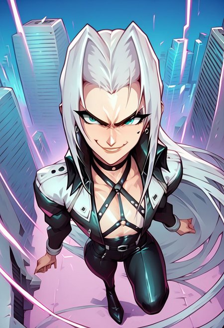 score_9, score_8_up, score_7_up, retrowave, vaporwave, Lofi, detailed closeup action shot, from above, Sephiroth leaping through the air swinging very long sword, long billowing black leather overcoat, one black angel wing, smug expression, dynamic pose, exaggerated perspective emphasizing action, in an industrial city at night, dim street lighting, solo, beautiful, androgynous, flat chest, leather straps, broad shouldered, high contrast, industrial cityscape background,