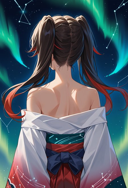 score_9, score_8_up, source_anime, 1girl, solo, LuciaPlume, long hair, twintails, streaked hair, gradient hair, aurora, back, bare back, bare shoulders, constellation, from behind, kimono, light particles, long sleeves, off shoulder, <lora:ChamLuciaPlumePonyXL:1>