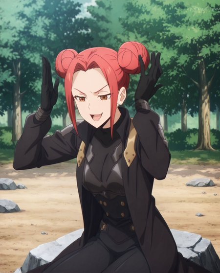 masterpiece, best quality, newest, absurdres, highres, detailed eyes, beautiful, detailed background, perfect eyes, anime coloring, anime screencap,
<lora:My_dad_got_the_MVP:1>My dad got the MVP,
(Raising both own hands with palms open near the head),
1girl,sitting, serious, open mouth, 
solo,(raising own hands) ,
outdoors, tree,rock,
<lora:Akari_Shimizu:0.8> outdoors, tree, akari2, hair bun, double bun,red hair,smug, brown eyes, black gloves,