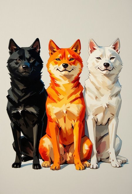 oil painting of 3 shiba inus in a row doing the hearing seeing speaking poses. They are a black shiba,an orange shiba and a white shiba
in the style of frank frazetta