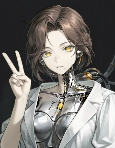 lucy,1girl, solo, upper body, android, looking at viewer, v,yellow eyes, 
 <lora:Lusyreverse1999:1>,, (masterpiece, best quality, high quality, highres, ultra-detailed),