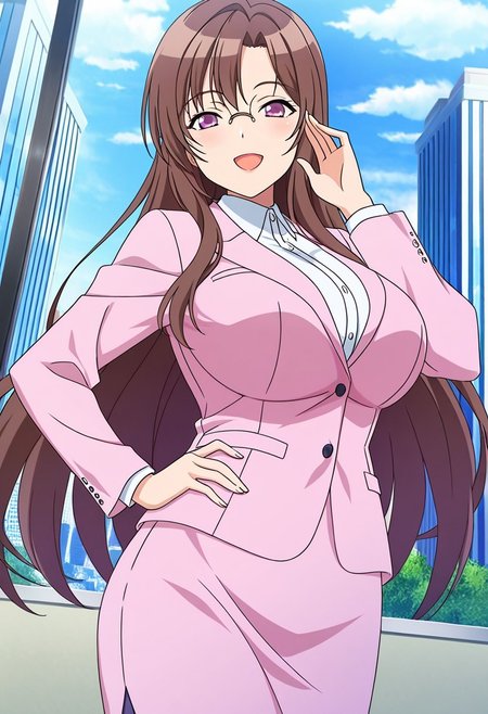 general,highres, ultra-detailed,very aesthetic,best quality ,best hands,best eyes,easynegative,
dynamic anglre, dutch angle, anime cloring,anime screencap,
1girl solo,looking at viewer,city,indoor,smile,open mouth,hand on hip,
Sayaka RYUUZAKI,brown_hair, long_hair,purple_eyes, huge_breasts, glasses,suits, skirt,