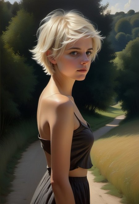 (((classical oil painting))), (((rear view))), (((short cute moody Czech girl wearing scruffy summer clothes))), short straight platinum-blonde textured side-swept pixie-cut hair, ((embarrassed)), ((medium breasts)), (((snub-nose))), ((dimples)), ((dark eyes)), (((sideboob))), ((off-shoulder)), (tanned skin), mittens, old sneakers, (((turning to look over shoulder))), (deserted dark English village), distant small quaint church, ((evening)), Intricate textures, (high detailed skin:1.7),