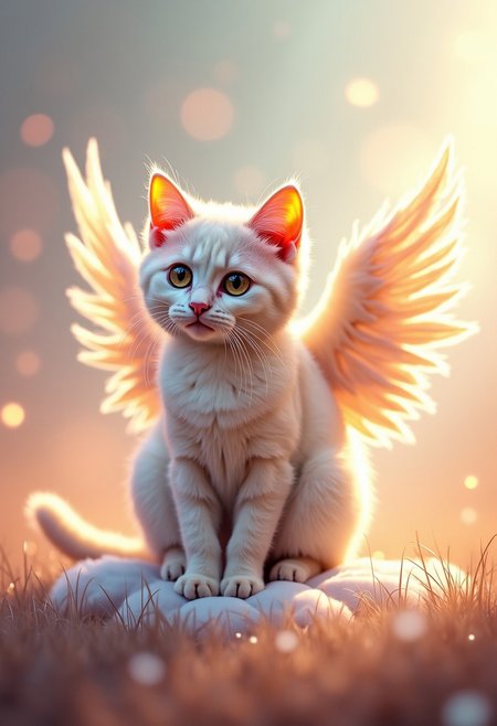a cat with wings stands gracefully in a dreamy, ethereal setting, its presence both mystical and serene. The cat itself is sleek and elegant, with soft, fluffy fur that glows faintly in the light, giving it an almost otherworldly aura. Its eyes are large and expressive, gleaming with a gentle, serene light, as if it is a creature from a peaceful, magical realm. The cat’s posture is regal, with its tail gently curled around its paws as it rests on a fluffy cloud or a soft, grassy perch.
The most striking feature of the cat are its wings. They are large and delicate, resembling the wings of an angel or a mythical creature. The feathers are soft and feathery, predominantly white with subtle hints of gold and silver that shimmer in the light. The wings are spread slightly, radiating a sense of grace and power. The feathers catch the light with a soft glow, making the wings appear almost translucent, like they belong to a celestial being.
The background is filled with a dreamy, pastel-colored sky pinks, purples, and soft blues blend together, creating a tranquil atmosphere. Wisps of clouds drift lazily across the scene