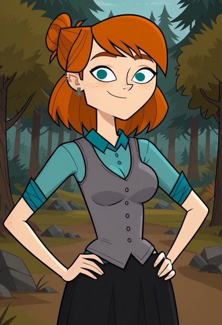 ((Forest background)),score_9, score_8_up, score_7_up,score_6_up, 
1girl, Solo, Ellie_DC, pale skin, teal eyes, freckles, pumpkin hair, shoulder-length hair, hairstyle bun, silver earrings, grey fitted vest buttoned, turquoise shirt rolled up sleeves, black skirt, long socks with black-grey stripes, black boots, big eyes, tall stature, social smile, perfect eyes, perfect smile, looking at the viewer, big breasts, detailed eyes, perfect eyes, cute, standing, (front pose, bust shot, close up to face, face portrait:1) hands on hips