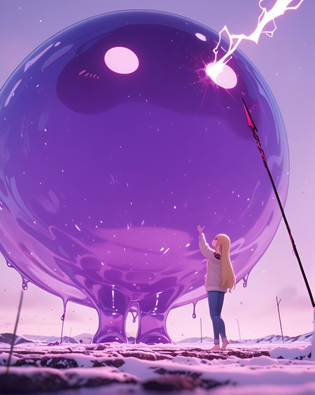 masterpiece, lightning-charged spear crackling, absurdres, A comfy, best quality, Mutant, pale skin, snow, boyfriend jeans, cowboy shot, slightly baggy cardigan over a lace-trimmed cami, ray_tracing, RTX, amazing quality, very aesthetic, exasperation), sagging breasts, Haru Onodera (Nisekoi), escher-style geometry, anime character, Standing on toes reaching upward, long hair, 2boys, shoulder tattoo, motion_blur:1.1, blurry foreground, pointed_ears, absolutely eye-catching, ultra-detailed, Looking up (Hope, motion_lines:1.1, nail_polish, Neon Purple Theme, 1girl, Shallow Depth of Field, Arctic blonde hair, barefoot, 8K, newest, straight hair, ambient occlusion, slime_(creature), Crystal desert under a fractured sky., depth of field, medium breasts, thought, slime_(creature), and ballet flats.