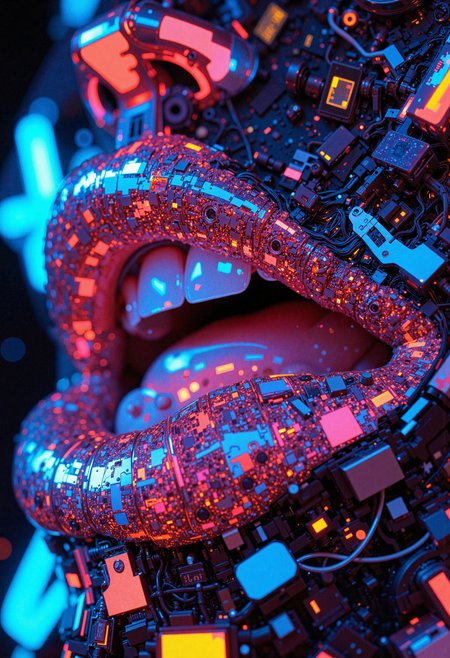 masterpiece, high-quality, hyperdetailed, refined details, best quality, high resolution, Macro close-up of lips parted slightly, shimmering with iridescent cybernetic lip gloss that seems to shift color with the light, subtle circuitry patterns visible beneath the gloss, reflecting neon city lights in miniature, incredibly shallow depth of field, focus on texture and cybernetic detail, Style is Cyberpunk Macro Sensuality, focus on iridescent textures and neon reflections, technologically alluring, sense of futuristic beauty and intimate detail, <lora:FLUX\Anime v1.3:0.5> <lora:FLUX\FLUX-daubrez-DB4RZ:0.3> <lora:FLUX\VividlySurrealOrigin:0.6>