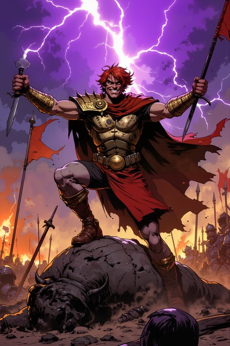 Standing atop a colossal fallen statue in the middle of a desolate battlefield, a gladiator draped in a sculpted, blood-red cuirass and an asymmetrical high-slit tunic surveys the destruction with a smirk that borders on arrogance. His bronze bracers gleam in the flickering torchlight, each one inscribed with the names of his conquests, while his crimson cloak billows behind him like the wing of a mythical beast. His face, angular and sharp as a blade, is partially obscured by a gilded half-mask, its surface etched with symbols of both war and divinity. His short, tousled auburn hair is damp with sweat and dust, but his piercing storm-gray eyes are alight with the thrill of victory. At his side, a wickedly curved gladius rests in his grip, its blade still glowing faintly from whatever magic has been woven into its steel. Around him, the remnants of broken spears and shattered shields litter the cracked stone ground, the battle long over, yet the echoes of war still hang heavy in the air. Above, the heavens are ablaze with the remnants of a celestial storm, streaks of violet lightning illuminating the torn banners that flap violently in the wind. With a slow exhale, he stretches his arms wide, embracing the chaos, the legend of his name already etching itself into history. , detailed background  Fantastic lighting. Detailed shadows.intricate details, vivid colors, hyper-detailed, ultra-sharp, , <lora:Ev_Ganin:0.4><lora:Vintage comic book:0.4><lora:RetroAnimeFluxV1:0.15><lora:Greg_Capullo_style:0.4><lora:jeanClaude_Mzires_Style_FLUX-000001:0.4><lora:Flux_Ink_Anime:0.4>