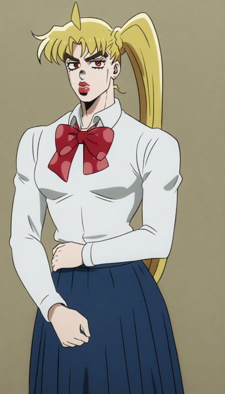 (JoJo's bizarre adventure art style, JoJo art style:1.4), thick eyebow,  (chibi:0.7), (thick lips:0.7),  btr-nijika, 1girl, blonde hair, solo, side ponytail, skirt, long hair, ahoge, red bow, blue skirt, white shirt, pleated skirt,bowtie, long sleeves,<lora:bocchi_xl:1.1>  <lora:LORA_JoJos_Bizarre_Adventure_art_style:1.4>
