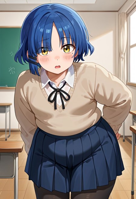 score_9, score_8_up, masterpiece, anime source, best quality, indoors, classroom, 1girl, solo, alone, Yamada_Ryo, yellow_eyes, blue_hair, short_hair, mole_under_eye, flat chest,hairclip, black_sweater, collared_shirt, white_shirt, neck_ribbon, black_ribbon, blue_skirt, pleated_skirt, black_pantyhose, standing, blush, embarassed, looking at viewer, leaning forward, open mouth, close up, (massive weight gain:1.4), (fattened up, chubby, flabby:1.2), way too fat, swollen form, gained too much, bloated, fat arms