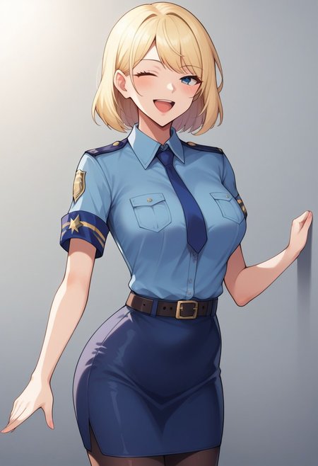 1girl,policewoman,looking at viewer,solo,pencil skirt,black pantyhose,blue necktie,blue skirt,short sleeves,blush,armband,belt,blue shirt,miniskirt,open mouth,smile,collared shirt,simple background,one eye closed,masterpiece, best quality, absurdres