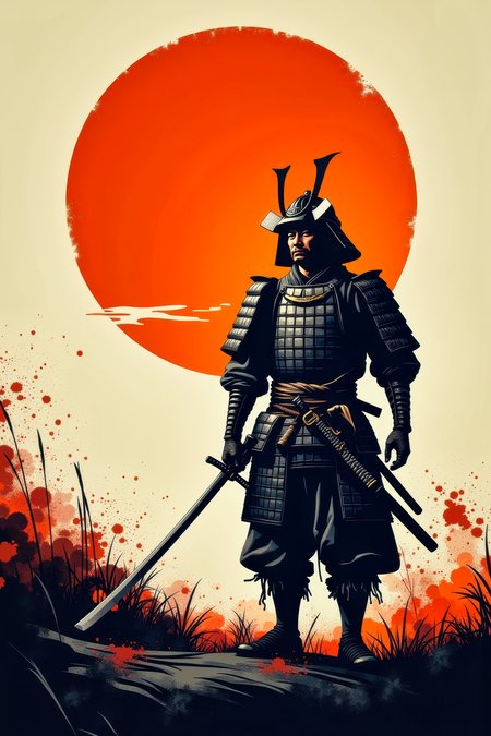 A minimal Linocut print of the last weary Japanese samurai standing alone after an intense battle.   He wears no armor nor any helmet. He holds his sword in hand.  He is battered, bruised, and bleeds from several minor wounds.  He is weary, disgusted, disheartened, and saddened at the lives that were lost.  An orange rising sun hangs in sky behind him.  This is a full frame body shot, from head to feet, providing a environmental wide angle view of the entire body.  Intricate details, masterpiece, best quality.  Soft volumetric lighting.  <flux_realism_lora:0.42> <FluxDFaeTasticDetails:0.36> <BaroqueColorful:0.48>